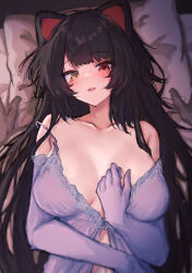 Rule 34 | 1girl, animal ears, bare shoulders, bed, black hair, blush, breasts, breasts apart, cleavage, collarbone, commentary request, dog ears, dog girl, elbow gloves, gloves, heterochromia, highres, hitanu, inui toko, large breasts, lingerie, long hair, looking at viewer, lying, navel, nightgown, nijisanji, off shoulder, on back, on bed, open mouth, partial commentary, pillow, red eyes, smile, solo focus, strap slip, tsurime, underwear, upper body, very long hair, virtual youtuber, yellow eyes