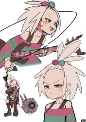 Rule 34 | 1girl, :d, :t, bass guitar, boots, cable, closed mouth, commentary request, creatures (company), dress, game freak, gen 5 pokemon, hair bobbles, hair ornament, half-closed eyes, highres, holding, holding instrument, holding plectrum, instrument, multiple views, nintendo, open mouth, ora (oraora oekaki), plectrum, pokemon, pokemon (creature), pokemon bw2, pout, roxie (pokemon), smile, striped clothes, striped dress, tongue, topknot, torn clothes, torn dress, two-tone dress, whirlipede, white background, white hair