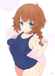 Rule 34 | 1girl, :q, ahoge, arched back, artist name, assault lily, bare arms, bare shoulders, blue eyes, blue one-piece swimsuit, blunt bangs, blush, braid, braided ponytail, breasts, brown hair, circle, closed mouth, commentary request, covered navel, cowboy shot, futagawa fumi, hand on own chest, hands up, highres, long hair, looking at viewer, low poly, misaki naoe, one-piece swimsuit, raised eyebrows, school swimsuit, simple background, single braid, small breasts, smile, solo, standing, sweat, swimsuit, tongue, tongue out, white background