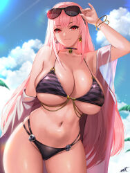 1girl absurdres arm_up bare_shoulders bikini black_bikini black_choker bracelet breasts choker closed_mouth commentary cowboy_shot day earrings english_commentary eyewear_on_head highres hololive hololive_english jewelry kisaragi_tsurugi large_breasts long_hair looking_at_viewer mori_calliope navel outdoors pink_hair red_eyes smile solo stomach sunglasses swimsuit underboob virtual_youtuber