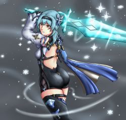 Rule 34 | 1girl, ass, bare shoulders, blue hair, breasts, cape, eula (genshin impact), from behind, genshin impact, hairband, highres, leotard, long hair, looking at viewer, obysuca, parted lips, shiny clothes, shiny skin, short shorts, shorts, sideboob, solo, sword, thighhighs, weapon