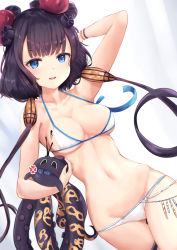 Rule 34 | 1girl, arm behind head, bare shoulders, bead bracelet, beads, bikini, blue eyes, blush, bracelet, breasts, cleavage, collarbone, commentary request, fate/grand order, fate (series), flower, hair flower, hair ornament, highres, jewelry, katsushika hokusai (fate), looking at viewer, medium breasts, navel, neneru, octopus, parted lips, purple hair, revision, smile, solo, standing, swimsuit, tentacles, thighs, tokitarou (fate), white bikini