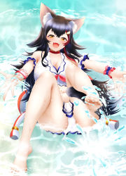 Rule 34 | 1girl, absurdres, animal ears, armlet, bare shoulders, barefoot, bikini, black hair, bracelet, breasts, choker, cleavage, collarbone, fangs, feet, highres, hololive, hololive gamers, jewelry, large breasts, legs, long hair, looking at viewer, mee don, multicolored hair, navel, ookami mio, open mouth, partially submerged, red hair, sitting, smile, soles, solo, splashing, swimsuit, teeth, toes, tongue, two-tone hair, upper teeth only, virtual youtuber, water, white bikini, wolf ears, yellow eyes