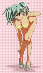 Rule 34 | 00s, 1girl, adjusting hair, artist request, bent over, bikini, blush, breasts, cleavage, feet, full body, green eyes, green hair, hair between eyes, halterneck, hand up, hanging breasts, high heels, ikkitousen, large breasts, legs, looking to the side, matching hair/eyes, official art, parted lips, pink background, plaid, plaid background, removing footwear, ryofu housen, sandals, shadow, shiny skin, shoes, short twintails, solo, swimsuit, thigh gap, toeless footwear, toes, twintails, yellow bikini