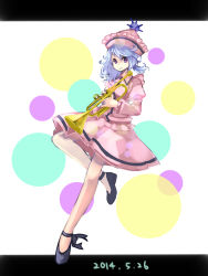 Rule 34 | 1girl, dated, dress, full body, hat, highres, instrument, letterboxed, looking at viewer, merlin prismriver, namauni, purple eyes, purple hair, shirt, shoes, short hair, simple background, skirt, skirt set, smile, solo, touhou, trumpet, vest