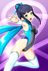 Rule 34 | 1girl, armpits, black hair, black one-piece swimsuit, blue scarf, breasts, bridal gauntlets, commentary request, competition swimsuit, covered erect nipples, covered navel, green eyes, hair bun, hamaguchi ayame, highleg, highleg swimsuit, highres, idolmaster, idolmaster cinderella girls, long hair, medium breasts, multicolored clothes, multicolored swimsuit, ninja, one-piece swimsuit, rakukisa, scarf, sidelocks, single hair bun, skin tight, solo, swimsuit, thighhighs, white thighhighs
