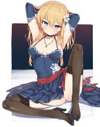 Rule 34 | 1girl, alternate hairstyle, armpits, arms behind head, ass, bad id, bad twitter id, bare shoulders, black footwear, blonde hair, blue dress, blue eyes, blue gloves, blush, braid, breasts, brown thighhighs, choker, cleavage, collarbone, crown braid, dress, elbow gloves, eyes visible through hair, flower, french braid, full body, garter straps, girls&#039; frontline, gloves, hair between eyes, hair flower, hair ornament, hand in own hair, high heels, highres, jewelry, knee up, kylin, lace, lace-trimmed legwear, lace trim, large breasts, long hair, looking at viewer, mosin-nagant (girls&#039; frontline), mosin-nagant (moonlit ocean) (girls&#039; frontline), necklace, official alternate costume, pendant, sitting, smile, solo, strap gap, thighhighs, thighs