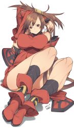 Rule 34 | 1girl, absurdres, ankle boots, arm up, bare shoulders, boots, breasts, brown eyes, brown hair, china dress, chinese clothes, closed mouth, commentary request, dress, full body, guilty gear, hair ornament, highres, kuma (jk0073), kuradoberi jam, long hair, looking at viewer, medium breasts, red dress, red footwear, shadow, signature, simple background, sitting, sleeveless, sleeveless dress, smile, thighs, white background