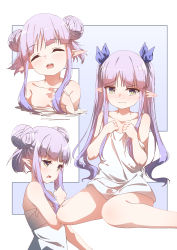 Rule 34 | 1girl, absurdres, blush, breasts, closed eyes, double bun, elf, hair bun, hand on own chest, highres, kyoka (princess connect!), long hair, mushi hara, naked towel, open mouth, pointy ears, princess connect!, purple eyes, purple hair, ribbon, sitting, small breasts, smile, solo, thighs, towel, twintails, white towel
