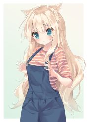 Rule 34 | 1girl, absurdres, animal ear fluff, animal ears, blonde hair, blue eyes, blush, cat ears, closed mouth, cowboy shot, fingernails, green background, hair between eyes, hamaru (s5625t), head tilt, highres, long hair, long sleeves, original, overalls, shirt, sleeves pushed up, slit pupils, solo, striped clothes, striped shirt, two-tone background, very long hair, white background