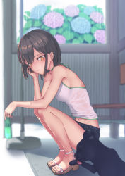 Rule 34 | 1girl, bad id, bad pixiv id, black cat, blurry, blush, bottle, breasts, brown hair, camisole, cat, closed mouth, depth of field, flower, halterneck, holding, holding bottle, hydrangea, legs together, looking at another, medium breasts, midriff, navel, original, outdoors, rain, ramune, ryuinu, sandals, short hair, short shorts, shorts, solo, squatting, wet, wet clothes, yellow eyes