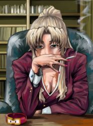 Rule 34 | 1girl, ashtray, balalaika (black lagoon), black lagoon, blonde hair, blue eyes, bookshelf, breasts, burn scar, chair, cigarette, cleavage, commentary request, covered mouth, formal, highres, jacket, large breasts, mimiyama kiichi, mole, mole under eye, nail polish, office chair, red nails, red suit, scar, scar on face, sitting, smoke, smoking, solo, suit, suit jacket, swivel chair