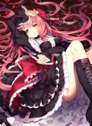 Rule 34 | 1girl, bad id, bad pixiv id, black dress, black footwear, blush, boots, breasts, choker, cross-laced footwear, dress, flower, frilled choker, frilled sleeves, frills, hair flower, hair ornament, hair ribbon, highres, homarerererere, juliet sleeves, lace-up boots, layered dress, long hair, long sleeves, lying, medium breasts, on back, parted lips, pink hair, puffy sleeves, rasis, ribbon, solo, sound voltex, sound voltex ii infinite infection, sound voltex iii gravity wars, very long hair, wide sleeves