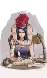 Rule 34 | 2girls, arcane: league of legends, arcane caitlyn, arcane vi, bandages, blue eyes, blue hair, book, breasts, closed mouth, commentary request, dated, highres, hug, hug from behind, lamp, league of legends, multiple girls, open book, quill, raised eyebrows, red hair, scar, sitting, tattoo, vi (league of legends), xwilson127, yuri