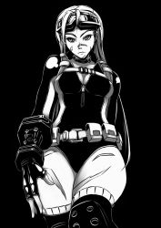 Rule 34 | 1girl, alternate costume, alternate hairstyle, belt, belt pouch, breasts, cammy white, choker, cleavage, fingerless gloves, gloves, goggles, goggles on head, greyscale, hair down, knee pads, leotard, long hair, medium breasts, monochrome, panko (chan8191), scar, solo, street fighter, street fighter v, thighhighs, unzipped, wide hips