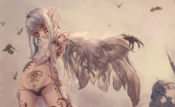 Rule 34 | 1girl, absurdres, ahoge, bird, body markings, building, claws, facial mark, feathered wings, feathers, female focus, harpy, highres, huge filesize, long hair, looking at viewer, maronmokaet, monster girl, original, outdoors, overcast, pubic tattoo, red eyes, silver hair, sky, solo, tattoo, wings