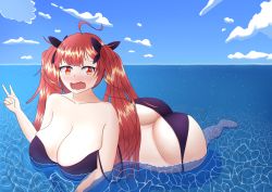 Rule 34 | 1girl, absurdres, ass, azur lane, blue sky, breasts, butt crack, cleavage, cloud, highres, honolulu (azur lane), huge ass, large breasts, lunar avenger, ocean, outdoors, partially submerged, peace symbol, purple ribbon, red eyes, ribbon, sky, solo, swimsuit, water