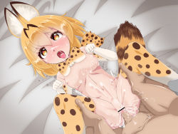 Rule 34 | 10s, 1boy, 1girl, animal ears, bar censor, blonde hair, bow, bowtie, breasts, censored, cum, cum in pussy, dutch angle, elbow gloves, eyebrows, gloves, hair between eyes, heart, heart-shaped pupils, hetero, highres, kemono friends, lying, missionary, navel, nipples, on back, penis, pointless censoring, polka dot, polka dot gloves, polka dot legwear, pussy, saiko satomitsu, saliva, serval (kemono friends), solo focus, symbol-shaped pupils, tail, tongue, tongue out, yellow eyes