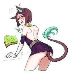 Rule 34 | 1girl, absurdres, angry, animal ears, ass, battle principal yuumi, black panties, blush, book, cat ears, cat girl, cat tail, cropped legs, detached sleeves, dress, fang, from behind, hair ornament, hairclip, highres, league of legends, leaning forward, looking back, mole, mole under eye, open book, panties, parted bangs, personification, purple dress, round eyewear, short hair, simple background, solo, strapless, strapless dress, tail, underwear, wei miao, white background, yuumi (league of legends)