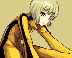 Rule 34 | 1girl, bad id, bad pixiv id, blonde hair, bruce lee&#039;s jumpsuit, full-length zipper, fushoku, green eyes, huang baoling, looking at viewer, short hair, sitting, smile, solo, stretching, tiger &amp; bunny, yellow background, zipper