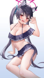 Rule 34 | 1girl, animal ear fluff, animal ears, arm support, bare legs, bare shoulders, bikini, bikini skirt, black bikini, black hair, black skirt, blue archive, blue ribbon, blush, breasts, cat ears, claw pose, cleavage, collarbone, commentary, extra ears, fang, feet out of frame, frilled bikini, frills, gradient background, grey background, hair ribbon, halterneck, hand up, highres, leaning to the side, long hair, looking at viewer, lunacle, medium breasts, miniskirt, navel, off-shoulder bikini, off shoulder, official alternate costume, open mouth, pleated skirt, red eyes, ribbon, serika (blue archive), serika (swimsuit) (blue archive), sitting, skirt, solo, stomach, swimsuit, symbol-only commentary, thighs, twintails, very long hair, yokozuwari