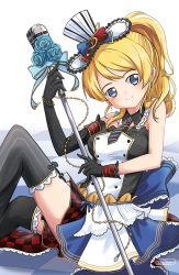 Rule 34 | 10s, 1girl, amai-tapioca, ayase eli, blonde hair, blue eyes, blush, cafe maid (love live!), card, detached collar, dress, gloves, hair ornament, happy birthday, hat, headwear request, kneehighs, long hair, looking at viewer, love live!, love live! school idol festival, love live! school idol project, playing, ponytail, rabbit, sitting, socks, solo, strapless, strapless dress, thighhighs