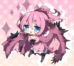 Rule 34 | 1girl, black bow, black thighhighs, blue eyes, blush, bow, breasts, brown background, capcom, chibi, cleavage, collarbone, commentary request, dragon girl, dragon horns, dragon tail, dragon wings, dress, fang, full body, gradient background, hair between eyes, high ponytail, horns, looking at viewer, medium breasts, milkpanda, monster hunter (series), no shoes, open mouth, personification, pink background, pink dress, pink hair, pink rathian, polka dot, polka dot background, ponytail, short eyebrows, solo, tail, thick eyebrows, thighhighs, wings