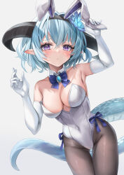 Rule 34 | 1girl, absurdres, akami770, animal ears, black pantyhose, blue bow, blue hair, blush, bow, breasts, cleavage, commentary, covered navel, crossed bangs, curled horns, detached collar, dot nose, dragon girl, dragon horns, dragon tail, elbow gloves, elf, fake animal ears, flower, gloves, gluteal fold, hair flower, hair ornament, hands up, highleg, highleg leotard, highres, horns, legs together, leotard, light frown, long pointy ears, looking at viewer, lotus, medium breasts, pantyhose, playboy bunny, pointy ears, rabbit ears, shadow, shadowverse, side-tie leotard, simple background, solo, symbol-only commentary, tail, thigh gap, white background, white gloves, white leotard, whitefrost dragonewt filene