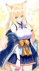 Rule 34 | 1girl, animal ear fluff, animal ears, bad id, bad pixiv id, blonde hair, blue eyes, blue skirt, blue thighhighs, blush, bow, bracelet, breasts, closed mouth, commentary request, cowboy shot, fox ears, fox girl, fox tail, hair between eyes, japanese clothes, jewelry, kimono, large breasts, long hair, long sleeves, nanashin naomi, orange bow, original, pleated skirt, short kimono, sidelocks, skirt, solo, tail, thighhighs, white background, white kimono, wide sleeves