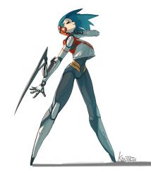 Rule 34 | 1girl, absurdres, android, arm blade, artist name, blue hair, cyberpunk, fang, female focus, floating clothes, floating hair, full body, highres, koutetu yarou, leaning back, looking at viewer, original, red eyes, shadow, signature, simple background, solo, standing, weapon, white background, wrist blades