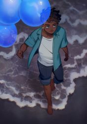 Rule 34 | 1boy, balloon, barefoot, beaniewinnie96, blue eyes, commentary, dark-skinned male, dark skin, denim, denim shorts, dreadlocks, earrings, english commentary, from above, full body, gus porter, highres, holding, holding balloon, jewelry, male focus, open clothes, shirt, shore, short hair, shorts, shorts rolled up, solo, the owl house, very dark skin, water, white shirt