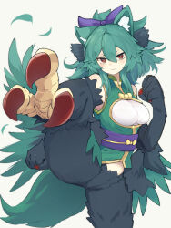 Rule 34 | 1girl, animal ear fluff, animal ears, animal hands, bare shoulders, black feathers, blush, bow, breasts, cat ears, claws, clenched hands, closed mouth, commentary request, feathers, fighting stance, foot up, green feathers, green hair, green shirt, hair between eyes, hair bow, harpy, highres, long hair, looking at viewer, medium breasts, monster girl, morgan (shinrabanshou), purple bow, purple sash, red eyes, red nails, sash, shinrabanshou, shirt, simple background, sleeveless, sleeveless shirt, smile, solo, standing, standing on one leg, tail, talons, white background, wings, yonaga san