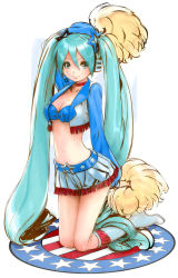 Rule 34 | 1girl, aqua eyes, aqua hair, boots, bow, breasts, cheerleader, choker, cleavage, collarbone, frills, full body, hair ornament, hatsune miku, headset, highres, knee boots, kneeling, lips, long hair, looking at viewer, marker (medium), medium breasts, midriff, navel, outline, pom pom (cheerleading), simple background, smile, solo, star (symbol), traditional media, twintails, united states, very long hair, vocaloid, yasuda akira