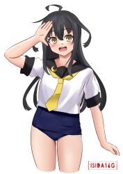 Rule 34 | 1girl, ahoge, artist name, black hair, black sailor collar, blue one-piece swimsuit, cowboy shot, crescent, crescent pin, gluteal fold, highres, ishida arata, kantai collection, long hair, looking at viewer, mikazuki (kancolle), neckerchief, one-piece swimsuit, open mouth, sailor collar, salute, school swimsuit, school uniform, serafuku, shirt, short sleeves, simple background, smile, solo, swimsuit, swimsuit under clothes, white background, white shirt, yellow eyes, yellow neckerchief