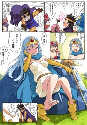 Rule 34 | 1boy, armor, barefoot, bikini armor, blue hair, boots, breasts, cape, circlet, closed mouth, comic, dragon quest, dragon quest iii, dress, elbow gloves, fighter (dq3), foot up, gloves, hat, helmet, imaichi, long hair, looking at viewer, medium breasts, multiple girls, open mouth, priest (dq3), red eyes, roto (dq3), sage (dq3), smile, staff, sword, translation request, weapon