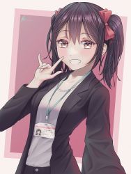 Rule 34 | 1girl, artist name, artist request, badge, black cardigan, black hair, black jacket, black pants, blush, bow, breasts, cardigan, collarbone, female focus, hair between eyes, hair bow, highres, jacket, long hair, long sleeves, looking at viewer, love live!, love live! school idol project, m/, medium breasts, nico nico nii, office lady, pants, parted lips, red bow, red eyes, shirt, short hair, short twintails, smile, solo, taking picture, teeth, twintails, white shirt, yazawa nico