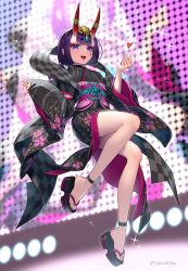 Rule 34 | 1girl, absurdres, black kimono, bob cut, breasts, choker, eyeliner, fate/grand order, fate (series), feet, floral print, headpiece, highres, horn ornament, horn ring, horns, japanese clothes, kimono, legs, long sleeves, looking at viewer, lostroom outfit (fate), makeup, neckwear request, obi, oni, open mouth, platform clogs, purple eyes, purple hair, sandals, saruchitan, sash, short hair, shuten douji (fate), shuten douji (lostroom outfit) (fate), skin-covered horns, small breasts, smile, solo, stage, stage lights, teeth, toes, wide sleeves