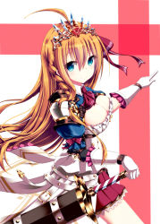 Rule 34 | 1girl, ahoge, armor, armored dress, blue eyes, braid, breasts, cleavage, cleavage cutout, closed mouth, clothing cutout, commentary request, from side, gloves, hair between eyes, hair over shoulder, hair ribbon, holding, holding sword, holding weapon, karakuri neko (tkfm), large breasts, long hair, looking at viewer, looking to the side, neckerchief, orange hair, pecorine (princess connect!), pointing, princess connect!, red neckerchief, red skirt, ribbon, simple background, skirt, smile, solo, split mouth, sword, tiara, weapon, white gloves