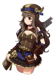Rule 34 | 1girl, armlet, bad id, bad twitter id, belt, black skirt, blunt bangs, blush, breasts, brown camisole, brown hair, brown hat, camisole, choker, closed mouth, detached sleeves, eyebrows, gears, gun, hand on own hip, hat, idolmaster, idolmaster cinderella girls, kamiya nao, long hair, medium breasts, omaru gyuunyuu, pouch, red eyes, rifle, simple background, skirt, solo, steampunk, thick eyebrows, thighs, wavy hair, weapon, white background