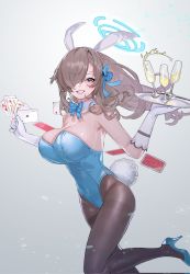 Rule 34 | 1girl, animal ears, asuna (blue archive), asuna (bunny) (blue archive), black pantyhose, blue archive, blue bow, blue eyes, blue footwear, blue leotard, bow, breasts, brown hair, card, champagne flute, cleavage, corrupted twitter file, cup, detached collar, drinking glass, elbow gloves, fake animal ears, floating hair, foot out of frame, gloves, grey background, hair bow, hair over one eye, halo, high heels, highres, holding, holding card, holding tray, large breasts, leotard, long hair, looking at viewer, looking to the side, one eye covered, pantyhose, passimo, playboy bunny, playing card, pumps, rabbit ears, rabbit tail, smile, solo, spilling, strapless, strapless leotard, tail, teeth, thighband pantyhose, tray, white gloves