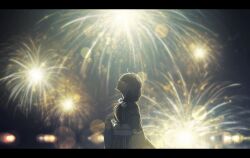 Rule 34 | 1girl, :|, absurdres, ahoge, backlighting, black hair, black kimono, blurry, bokeh, closed mouth, depth of field, expressionless, fireworks, flower, from side, hair flower, hair ornament, hair over shoulder, hand up, highres, japanese clothes, kimono, letterboxed, long sleeves, looking up, nengoro, night, obi, original, outdoors, profile, sash, scenery, solo, upper body, white flower, wide sleeves, yukata