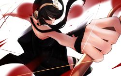 Rule 34 | 1girl, absurdres, bare shoulders, black dress, black hair, black thighhighs, dagger, dress, earrings, flower, foreshortening, frown, gold earrings, gold hairband, golden rose, hair flower, hair ornament, hairband, highres, holding, holding dagger, holding knife, holding weapon, incoming attack, itocoh, jewelry, knife, looking at viewer, off-shoulder dress, off shoulder, red eyes, rose, short hair with long locks, solo, spy x family, thighhighs, weapon, yor briar