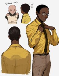 Rule 34 | 2boys, absurdres, adjusting clothes, animification, bald, belt, better call saul, black shirt, blue eyes, breaking bad, brown belt, brown jacket, brown necktie, bulletproof vest, collared shirt, dark-skinned male, dark skin, grey background, gustavo fring, hair behind ear, highres, holding, holding clothes, jacket, ma2 ereki, male focus, mike ehrmantraut, multiple boys, multiple views, necktie, parted lips, shirt, shirt tucked in, short hair, sweatdrop, v-shaped eyebrows, very short hair, yellow shirt