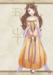 Rule 34 | 1girl, :d, absurdres, animal ears, blue eyes, brown hair, chinese clothes, chinese zodiac, cow ears, cow girl, dress, english text, full body, hanfu, highres, horns, long hair, looking at viewer, open mouth, original, personification, purple footwear, qixiong ruqun, ruqun, shawl, smile, solo, standing, you hu xiao lang
