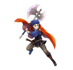 Rule 34 | 1boy, aged down, axe, black footwear, blue eyes, blue hair, brown pants, cape, collarbone, fire emblem, fire emblem: the blazing blade, fire emblem heroes, grin, hagiya kaoru, hector (fire emblem), holding, holding axe, holding weapon, male focus, matching hair/eyes, nintendo, official alternate costume, official art, pants, red cape, smile, solo, teeth, v-shaped eyebrows, weapon
