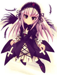 Rule 34 | 00s, 1girl, artist request, blush, cross, dress, feathers, flower, frilled sleeves, frills, full body, inverted cross, long sleeves, purple dress, red eyes, rose, rozen maiden, silver hair, simple background, solo, suigintou, wavy mouth