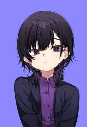 Rule 34 | 1girl, absurdres, black hair, black jacket, blue background, closed mouth, collared shirt, dress shirt, hair between eyes, highres, ivan wang, jacket, looking at viewer, open clothes, open jacket, original, purple eyes, purple shirt, shirt, simple background, solo