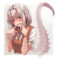 Rule 34 | 159cm, 1girl, black ribbon, blush, brown eyes, brown horns, brown nails, brown scales, brown vest, frilled sleeves, frills, grey background, grey hair, hands up, horns, index finger raised, looking at viewer, neck ribbon, original, ribbon, sharp teeth, shirt, short hair, short sleeves, simple background, smile, solo, tail, teeth, upper body, vest, white shirt, wristband