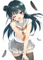 Rule 34 | 10s, 1girl, black feathers, black hair, black thighhighs, blush, commentary request, fang, feathers, hair bun, kani biimu, long hair, looking at viewer, love live!, love live! sunshine!!, neckerchief, one eye closed, open mouth, pleated skirt, purple eyes, school uniform, serafuku, short sleeves, side bun, simple background, single side bun, skirt, smile, solo, thighhighs, tie clip, tsushima yoshiko, white background, zettai ryouiki
