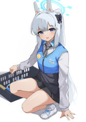Rule 34 | 1girl, animal ears, bcag., black necktie, black skirt, blue archive, blue halo, collared shirt, employee uniform, fake animal ears, full body, grey hair, halo, highres, long hair, long sleeves, looking at viewer, miyako (blue archive), necktie, official alternate costume, one side up, open mouth, pleated skirt, purple eyes, rabbit ears, shirt, shoes, simple background, skirt, smile, socks, solo, uniform, white background, white footwear, white shirt, white socks